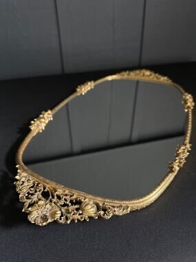 Vintage Matson Mid Century Large Oval Golden Vanity Tray Wall Mirror
